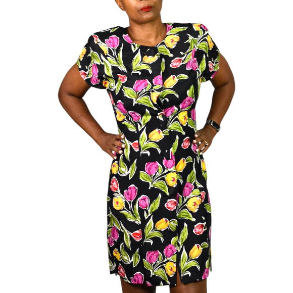 Vintage Hearts Floral Print Dress Tulips Button Front Shirtdress Slits Small - Picture 1 of 14